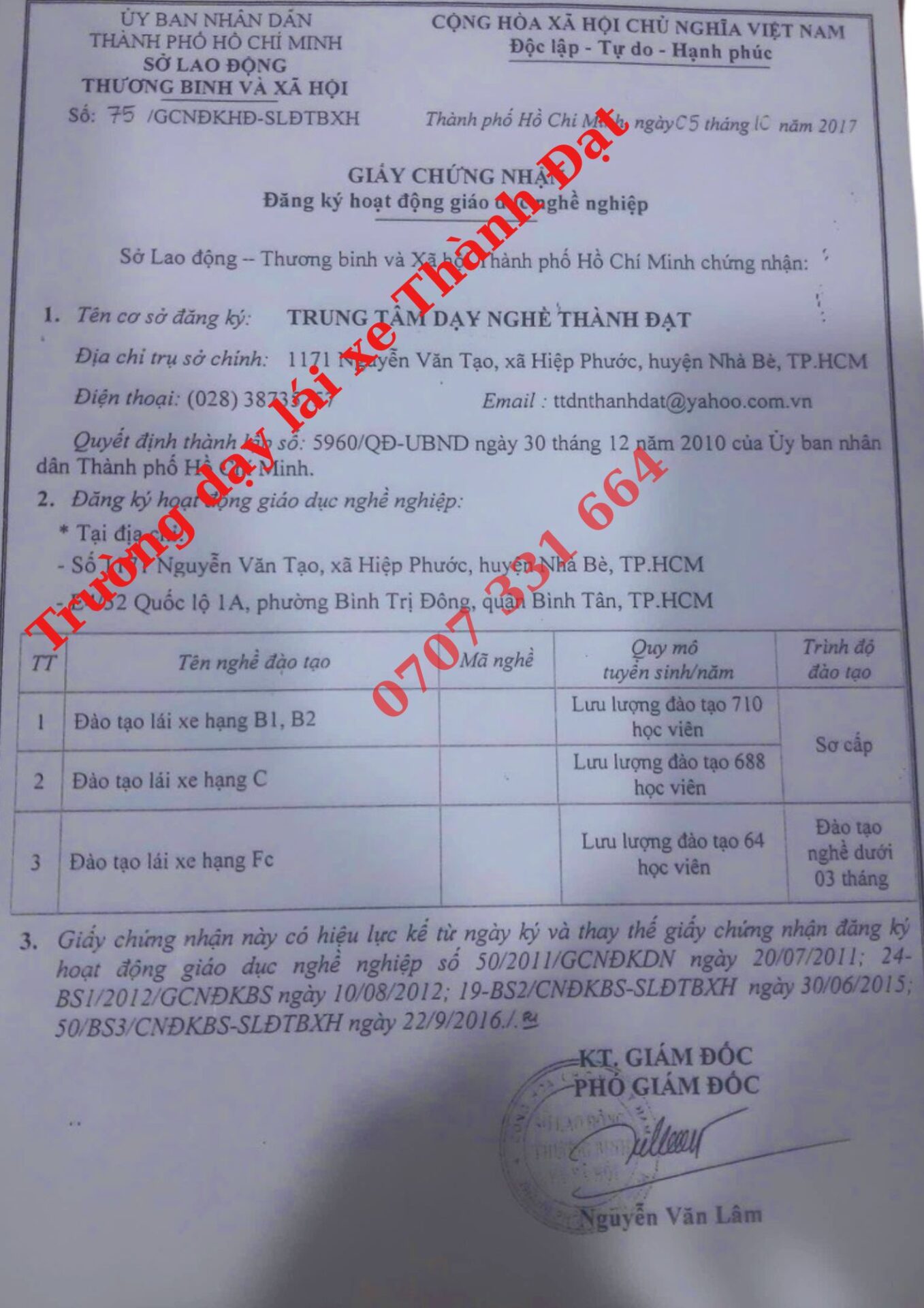 Giấy phép đào tạo lái xe Trường Dạy Lái Xe Thành Đạt - Trung Tâm Đào Tạo Lái Xe TPHCM uy tín